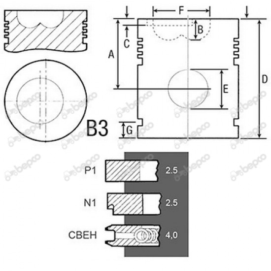 Piston + Segmenti Fiat 1901283 1909046 1909436 79037501 23/32-253 BEPCO